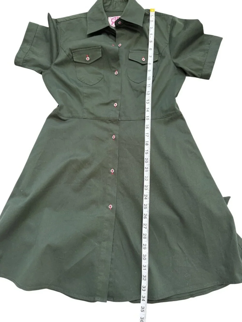 Double R Ravi Ratan Women Sz S Shirt Dress Green Belted Short Sleeve Button-Up - Picture 5 of 6